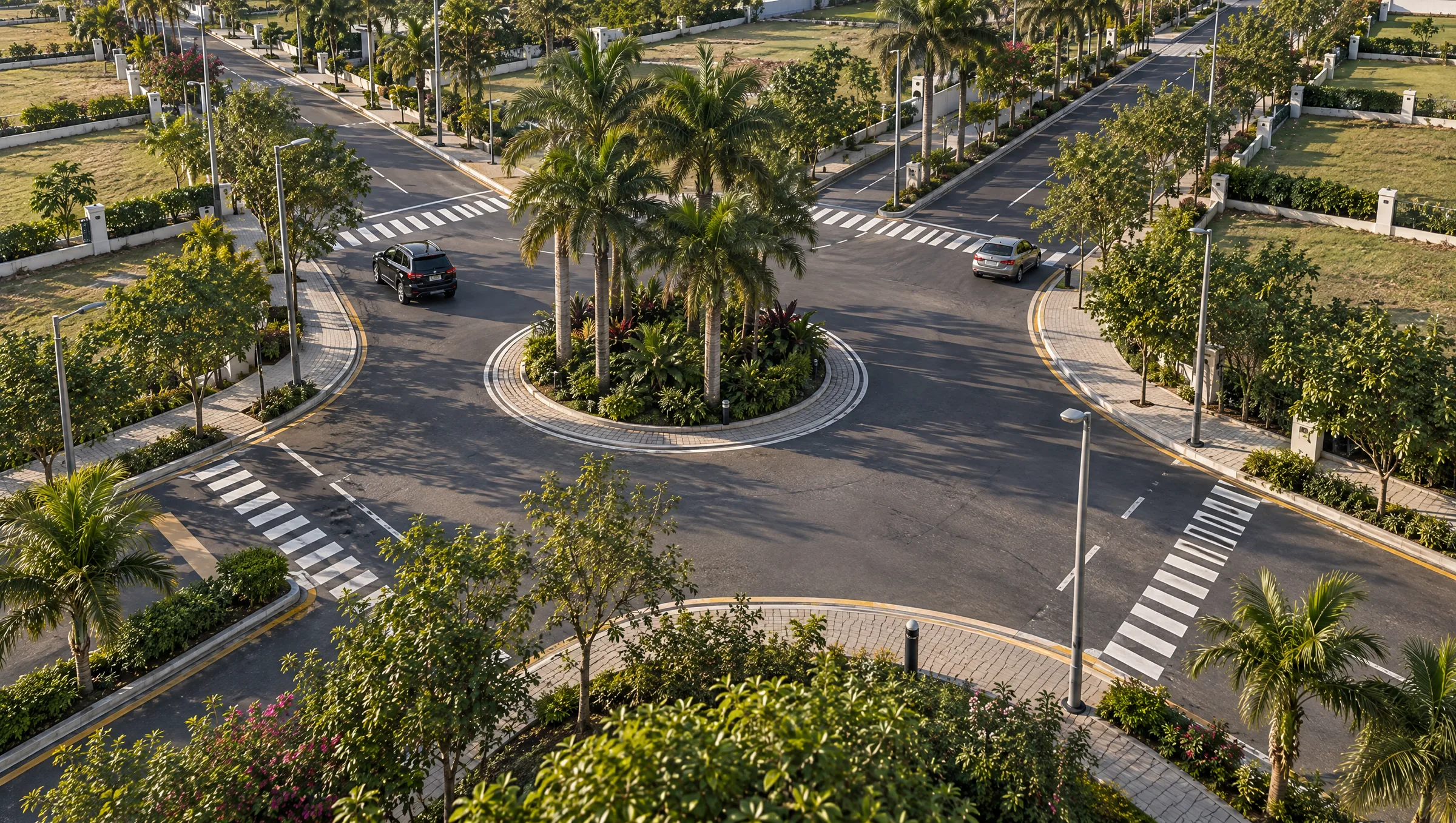 Aerial view of a palm-planted roundabout and tree-lined avenues inside Nativa
